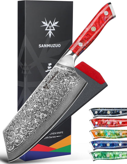 Nakiri Knife - 7.5 inch Cleaver Knife- Xuan Series - VG10 Damascus Steel Kitchen Knife - Resin Handle (Fantasy Orange)