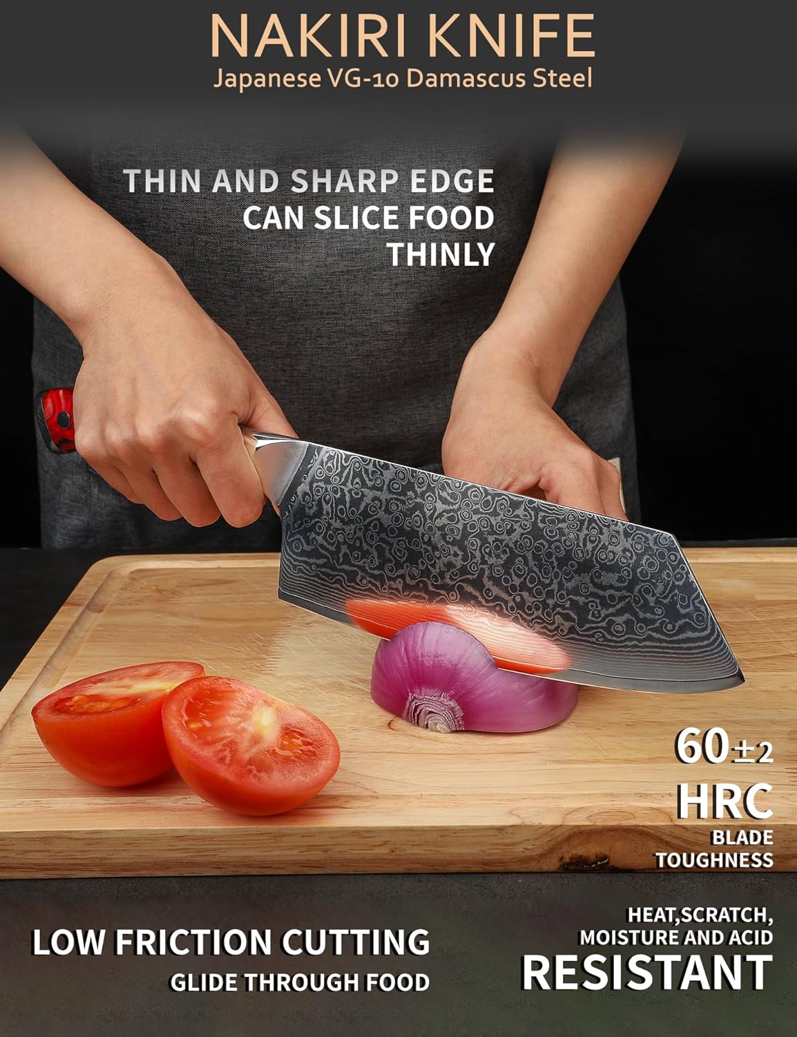 Nakiri Knife - 7.5 inch Cleaver Knife- Xuan Series - VG10 Damascus Steel Kitchen Knife - Resin Handle (Fantasy Orange)