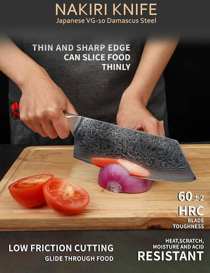 Nakiri Knife - 7.5 inch Cleaver Knife- Xuan Series - VG10 Damascus Steel Kitchen Knife - Resin Handle (Fantasy Orange)