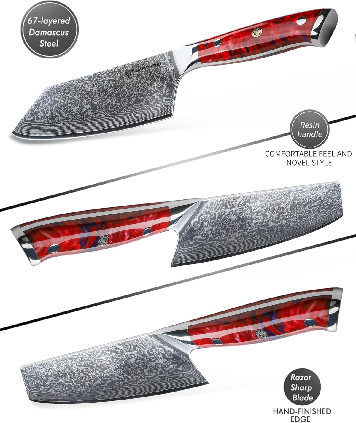 Nakiri Knife - 7.5 inch Cleaver Knife- Xuan Series - VG10 Damascus Steel Kitchen Knife - Resin Handle (Fantasy Orange)
