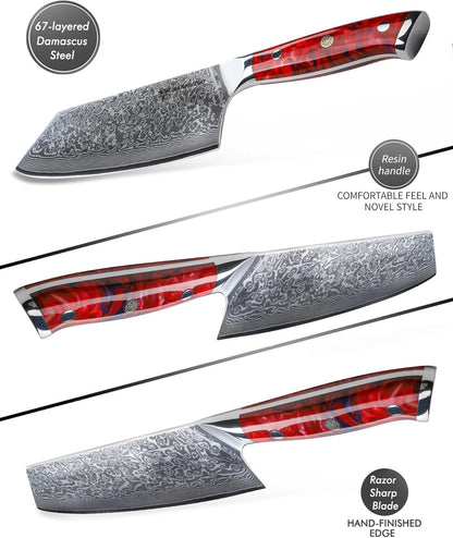Nakiri Knife - 7.5 inch Cleaver Knife- Xuan Series - VG10 Damascus Steel Kitchen Knife - Resin Handle (Fantasy Orange)