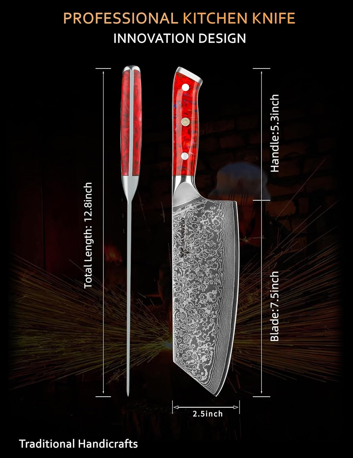 Nakiri Knife - 7.5 inch Cleaver Knife- Xuan Series - VG10 Damascus Steel Kitchen Knife - Resin Handle (Fantasy Orange)