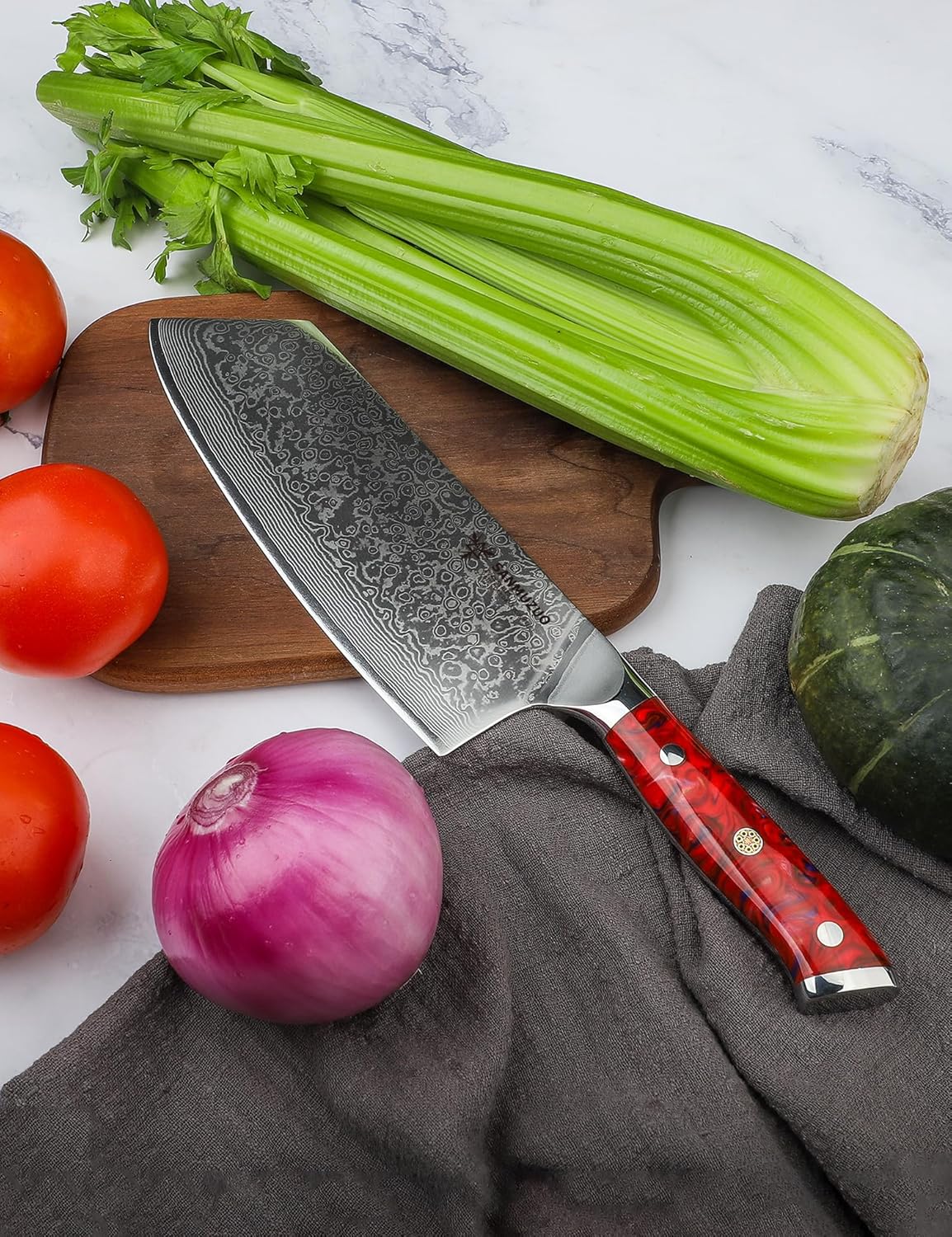 Nakiri Knife - 7.5 inch Cleaver Knife- Xuan Series - VG10 Damascus Steel Kitchen Knife - Resin Handle (Fantasy Orange)