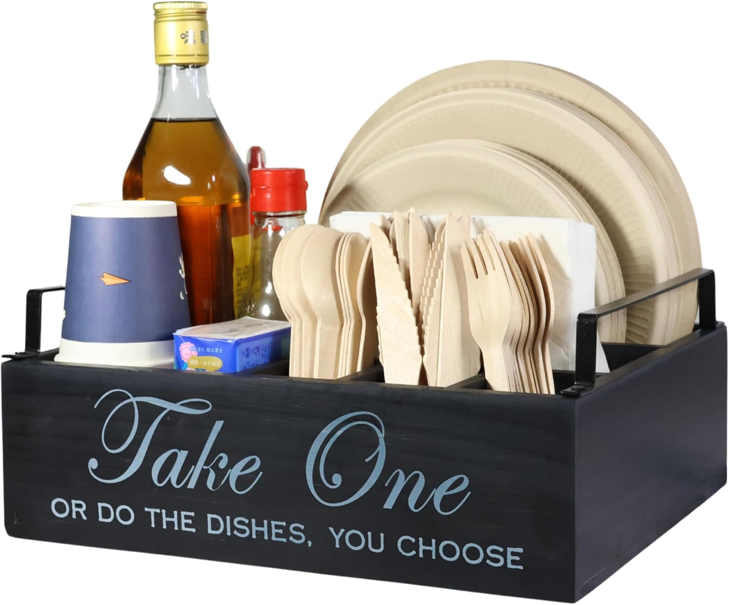 Paper Plate Holder Utensil Caddy Organizer - Rustic Wood Disposable Plate Dispenser with Handles for Cups, Forks, Spoons, Napkins and Silverware Holders (kong paper plate holder)