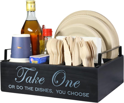 Paper Plate Holder Utensil Caddy Organizer - Rustic Wood Disposable Plate Dispenser with Handles for Cups, Forks, Spoons, Napkins and Silverware Holders (kong paper plate holder)