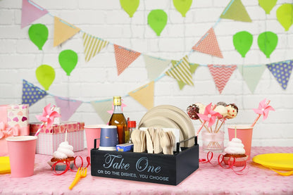 Paper Plate Holder Utensil Caddy Organizer - Rustic Wood Disposable Plate Dispenser with Handles for Cups, Forks, Spoons, Napkins and Silverware Holders (kong paper plate holder)