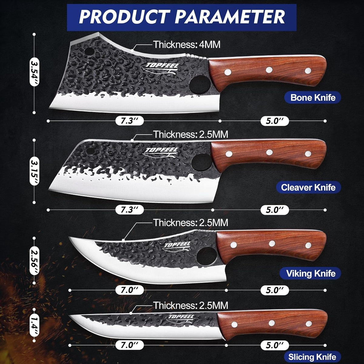 4PCS Meat Cleaver Set -Heavy Duty Bone Chopper & Meat Cleaver & Viking Knife & Slicing Knife, Chef Knives Set for Home Kitchen,Camping, BBQ Knives Gift for Men