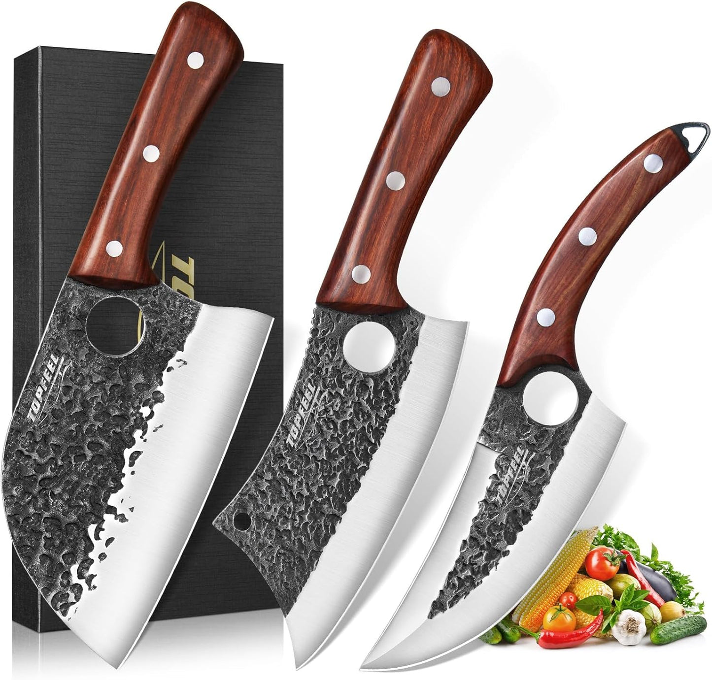 4PCS Meat Cleaver Set -Heavy Duty Bone Chopper & Meat Cleaver & Viking Knife & Slicing Knife, Chef Knives Set for Home Kitchen,Camping, BBQ Knives Gift for Men