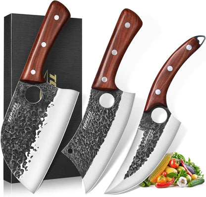 4PCS Meat Cleaver Set -Heavy Duty Bone Chopper & Meat Cleaver & Viking Knife & Slicing Knife, Chef Knives Set for Home Kitchen,Camping, BBQ Knives Gift for Men