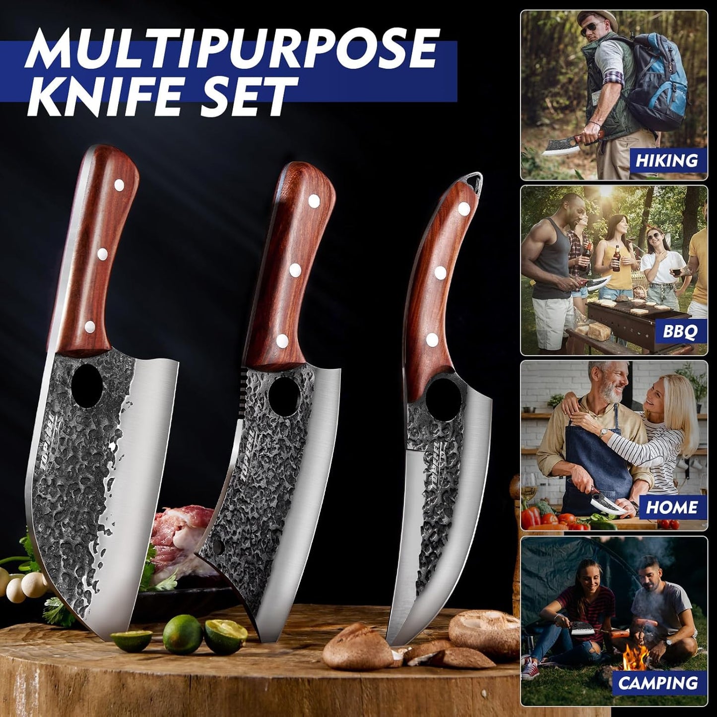 4PCS Meat Cleaver Set -Heavy Duty Bone Chopper & Meat Cleaver & Viking Knife & Slicing Knife, Chef Knives Set for Home Kitchen,Camping, BBQ Knives Gift for Men