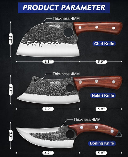 4PCS Meat Cleaver Set -Heavy Duty Bone Chopper & Meat Cleaver & Viking Knife & Slicing Knife, Chef Knives Set for Home Kitchen,Camping, BBQ Knives Gift for Men