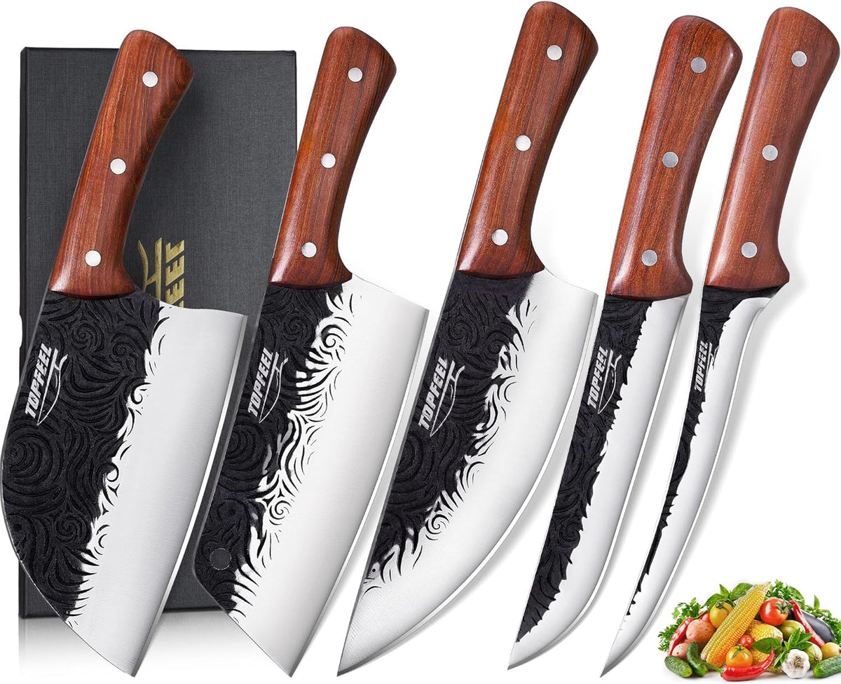 4PCS Meat Cleaver Set -Heavy Duty Bone Chopper & Meat Cleaver & Viking Knife & Slicing Knife, Chef Knives Set for Home Kitchen,Camping, BBQ Knives Gift for Men
