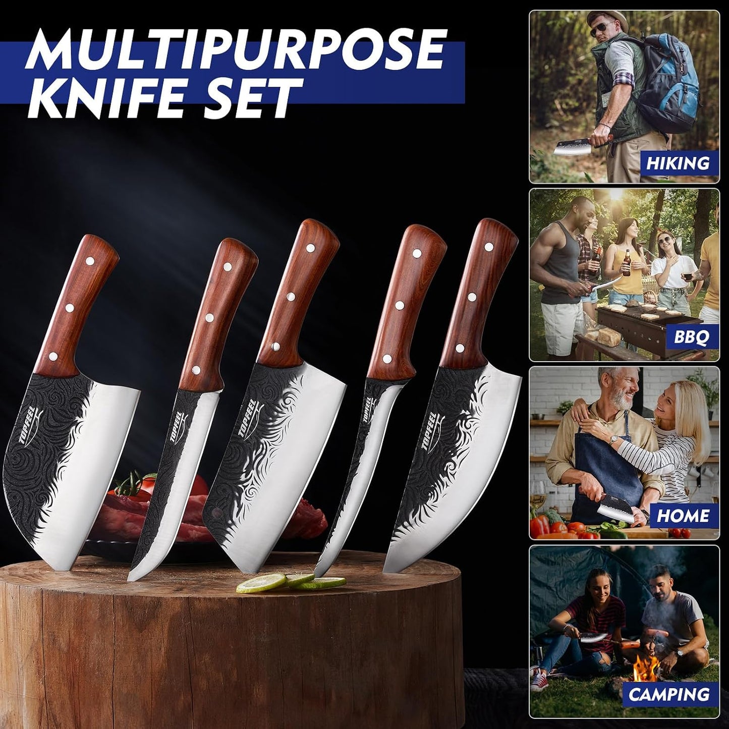 4PCS Meat Cleaver Set -Heavy Duty Bone Chopper & Meat Cleaver & Viking Knife & Slicing Knife, Chef Knives Set for Home Kitchen,Camping, BBQ Knives Gift for Men