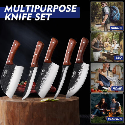 4PCS Meat Cleaver Set -Heavy Duty Bone Chopper & Meat Cleaver & Viking Knife & Slicing Knife, Chef Knives Set for Home Kitchen,Camping, BBQ Knives Gift for Men