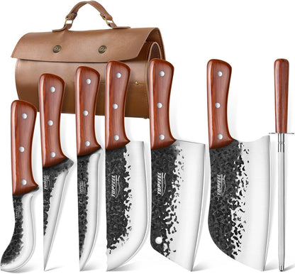 4PCS Meat Cleaver Set -Heavy Duty Bone Chopper & Meat Cleaver & Viking Knife & Slicing Knife, Chef Knives Set for Home Kitchen,Camping, BBQ Knives Gift for Men