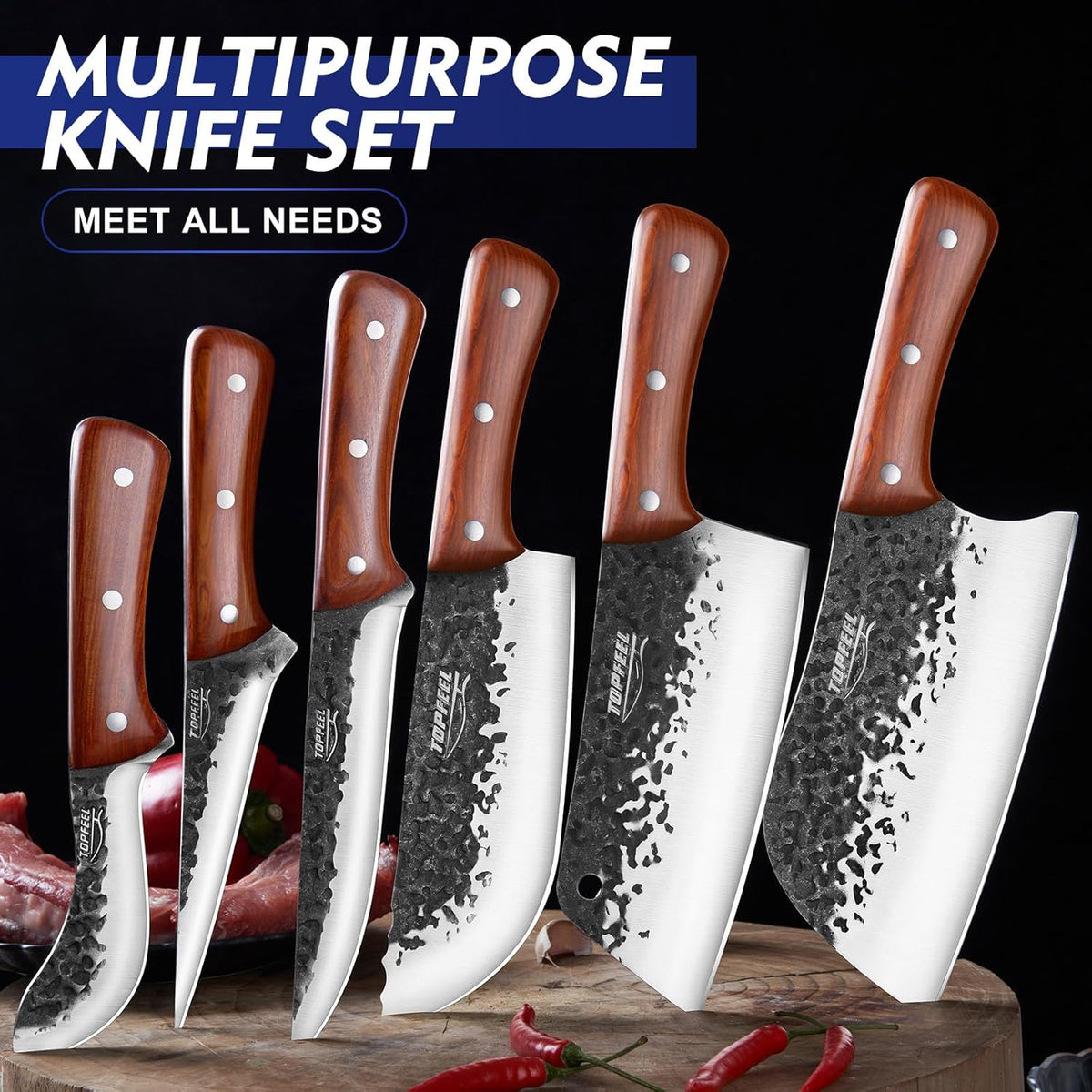 4PCS Meat Cleaver Set -Heavy Duty Bone Chopper & Meat Cleaver & Viking Knife & Slicing Knife, Chef Knives Set for Home Kitchen,Camping, BBQ Knives Gift for Men