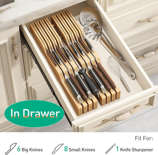 Knife Drawer Organizer (Natural, 12 Knives + 1 Sharpening Steel) | Bamboo Wood Drawer Knife Organizer, Bamboo Wood Block Organizer, Protecting Knife Organizer Block