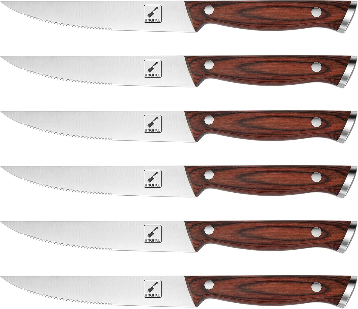 Steak Knives Set of 6, Japanese HC Steel, 5" Serrated, Gift Box