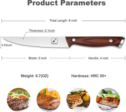 Steak Knives Set of 6, Japanese HC Steel, 5" Serrated, Gift Box