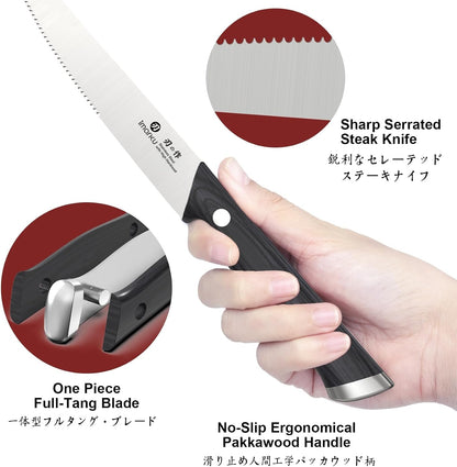 Steak Knives Set of 6, Japanese HC Steel, 5" Serrated, Gift Box