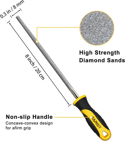 Diamond File Set, 3-Piece, 8-inch, Includes Flat/Half-Round/Round. For Sharpening Lawn Mower Blades, Garden Shears, Axe, Knife - Tool Sharpener for Metal, Tile, Ceramic, Glass, Stone and more
