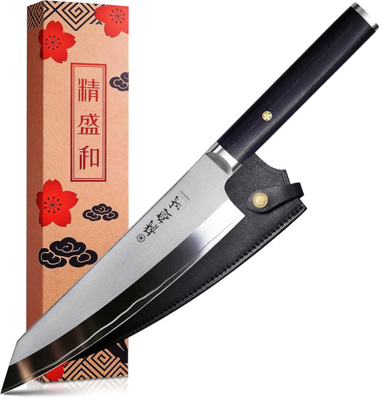 Japanese Chef Knife 7in,High Carbon Steel VG-10,Leather Sheath | Lab Tested Ultra and Long Lasting Sharp,Lightweight with Non-slip Handle,Ideal Kitchen Gift for Home Cooks Professional Chef