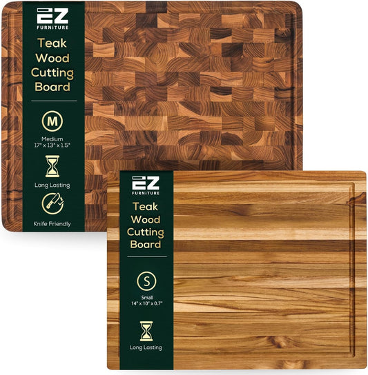 Combo 2 Extra Teak Wood Cutting Board, End Grain & Edge Grain with Juice Groove and Handles, Knife Friendly, Reversible, Suitable for Chopping Meat, Vegetables, Aesthetics for The Kitchen