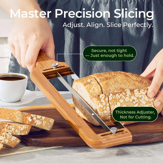 Adjustable Bread Slicer for Homemade Bread – Sourdough Bread Knife with Thickness Guide & Serrated Stainless Blade, Manual Bow Cutter for Bagels and Baguettes, Gift for Baker, Ambidextrous Use