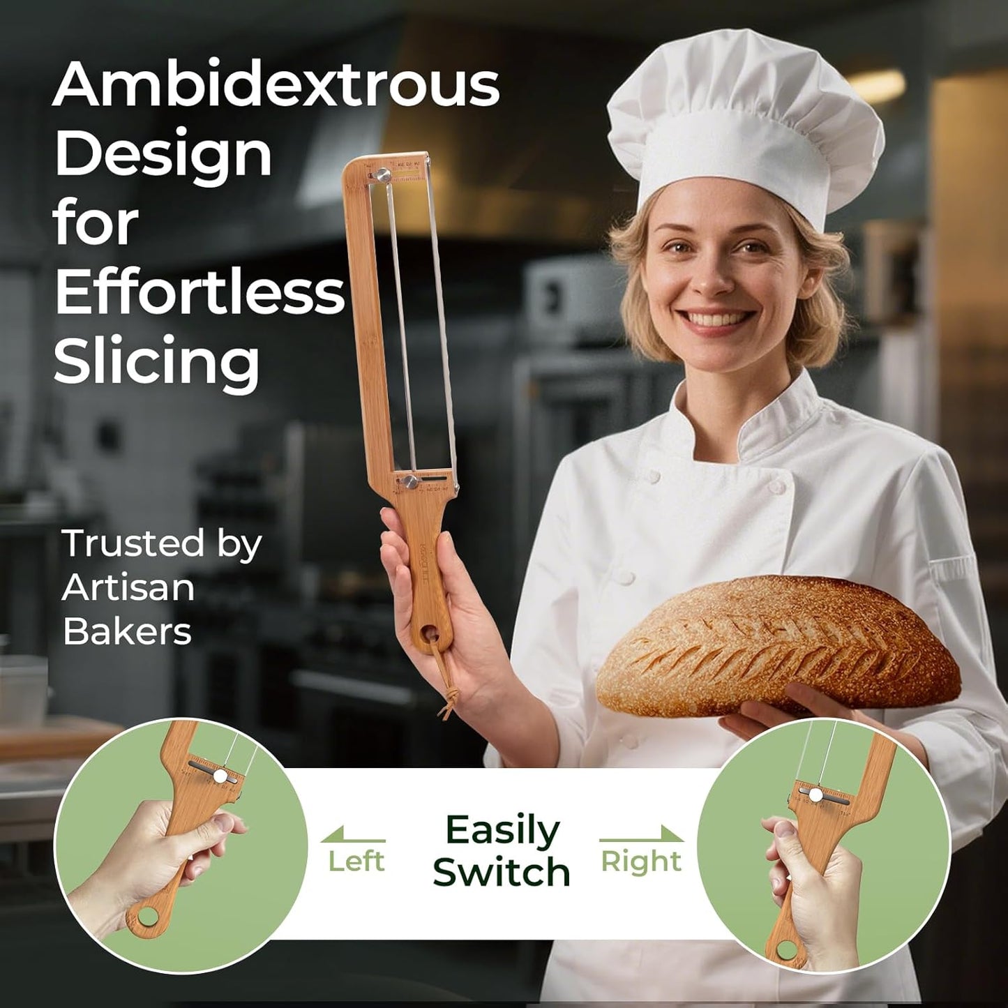 Adjustable Bread Slicer for Homemade Bread – Sourdough Bread Knife with Thickness Guide & Serrated Stainless Blade, Manual Bow Cutter for Bagels and Baguettes, Gift for Baker, Ambidextrous Use