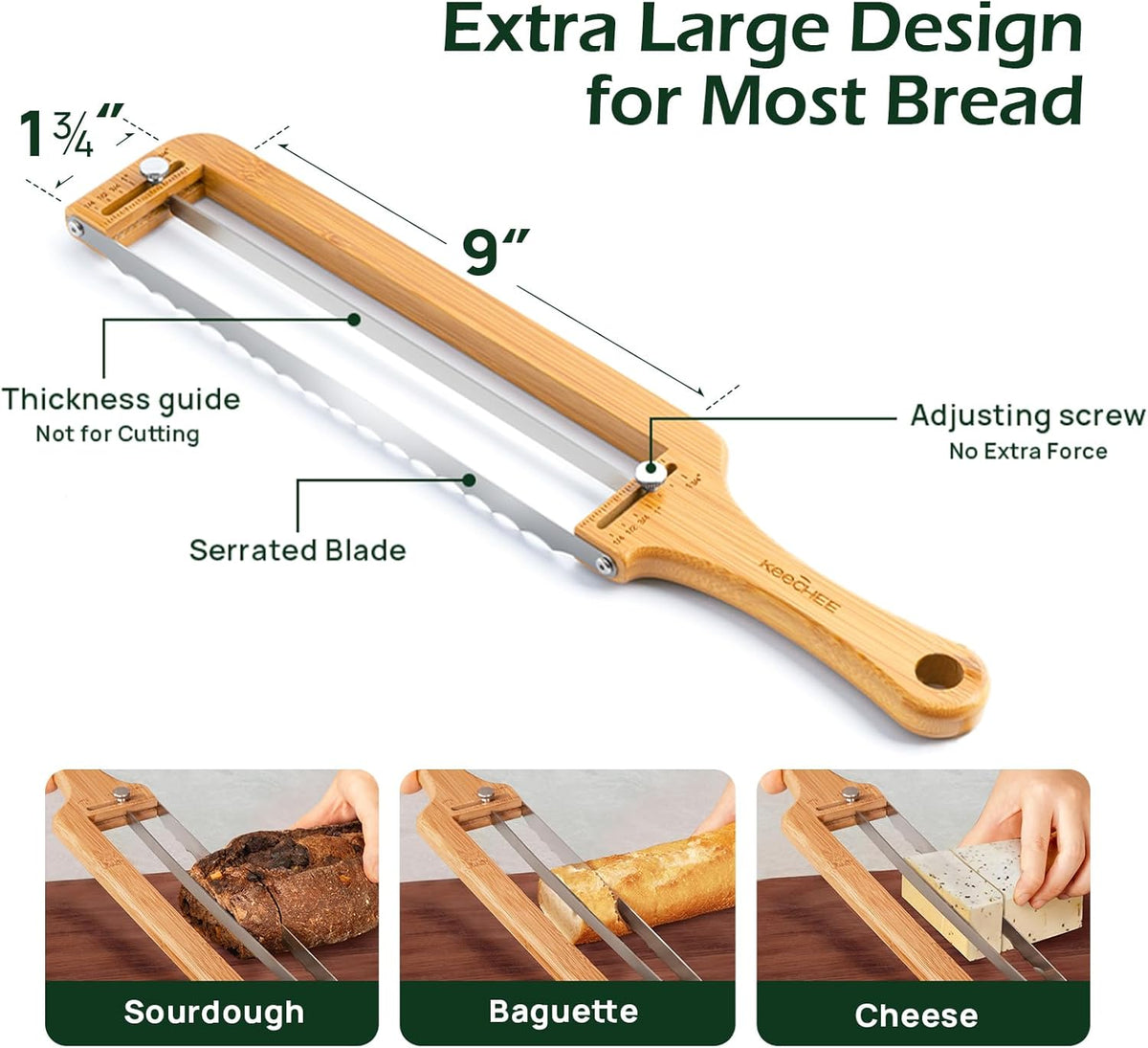 Adjustable Bread Slicer for Homemade Bread – Sourdough Bread Knife with Thickness Guide & Serrated Stainless Blade, Manual Bow Cutter for Bagels and Baguettes, Gift for Baker, Ambidextrous Use