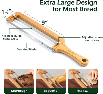 Adjustable Bread Slicer for Homemade Bread – Sourdough Bread Knife with Thickness Guide & Serrated Stainless Blade, Manual Bow Cutter for Bagels and Baguettes, Gift for Baker, Ambidextrous Use