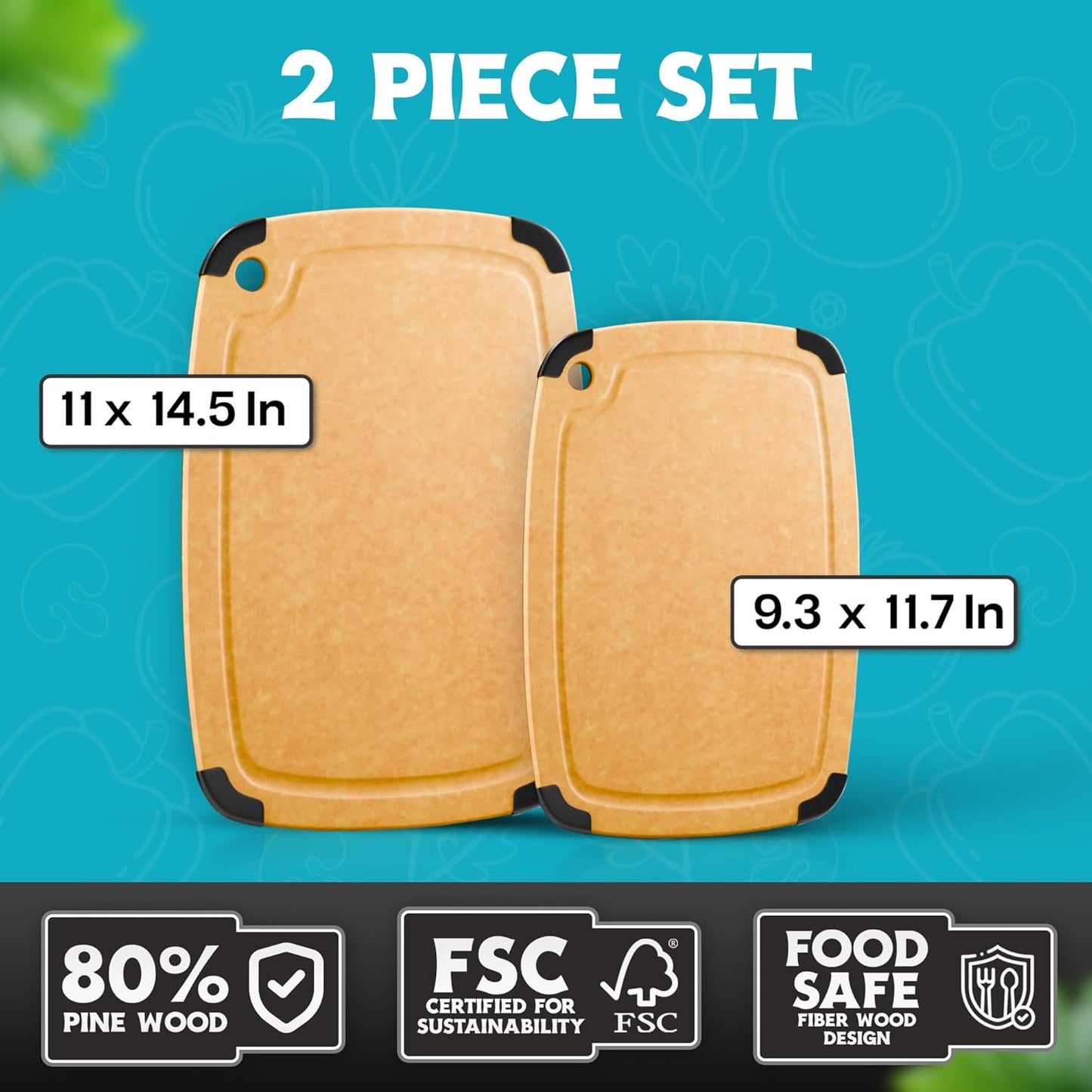 Dishwasher Safe Cutting Boards for Kitchen - Set of 2 Composite Wood Chopping Boards with Juice Groove, Non-Slip Grips, Non-Porous Surface, Heat Resistant Up to 350°F (14.5 x 11 and 11.7 x 9.3 Inch)