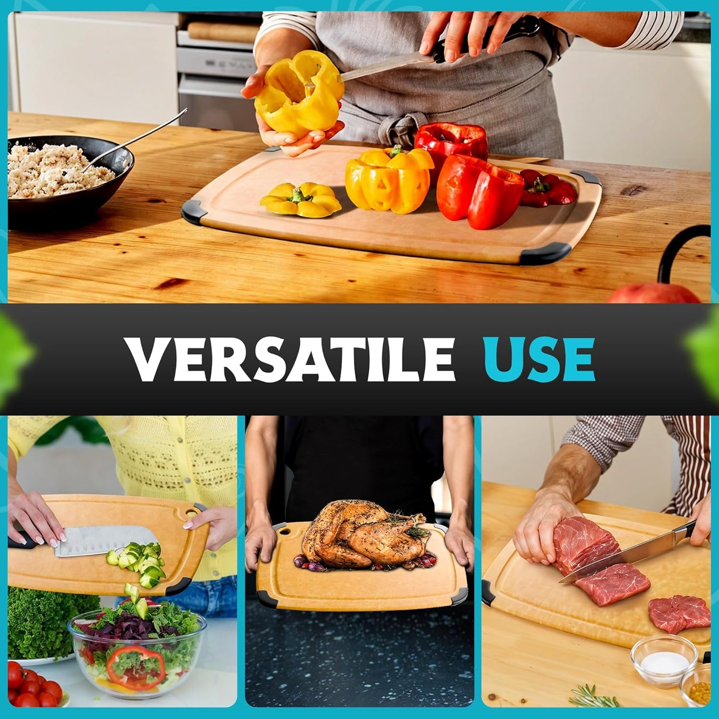 Dishwasher Safe Cutting Boards for Kitchen - Set of 2 Composite Wood Chopping Boards with Juice Groove, Non-Slip Grips, Non-Porous Surface, Heat Resistant Up to 350°F (14.5 x 11 and 11.7 x 9.3 Inch)