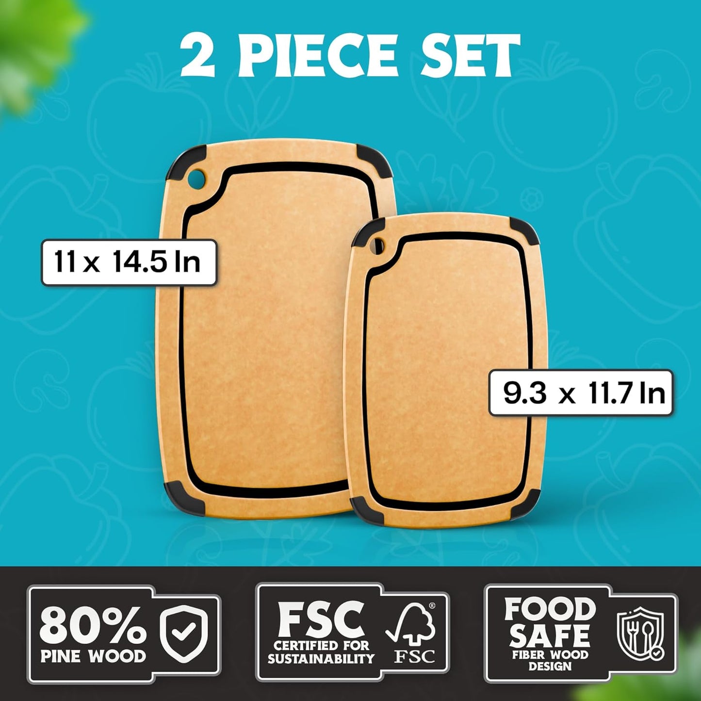 Dishwasher Safe Cutting Boards for Kitchen - Set of 2 Composite Wood Chopping Boards with Juice Groove, Non-Slip Grips, Non-Porous Surface, Heat Resistant Up to 350°F (14.5 x 11 and 11.7 x 9.3 Inch)