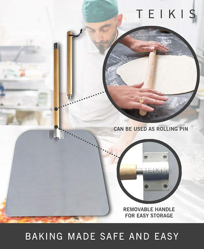 Pizza Cutter Rocker Style & Pizza Peel Set - 14" Large Pizza Metal Slicer Sharp Knife Blade Chopper with 14" x 16" Heavy Duty Pizza Paddle Board Pan with Wood Handle - Premium Oven Baking Accessories