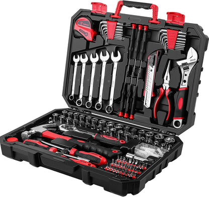 Tool Set:158 Piece Home Tool Kit, Household Basic Repair Tool Set Comes with Plastic Storage Case-Red