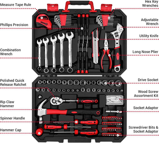 Tool Set:158 Piece Home Tool Kit, Household Basic Repair Tool Set Comes with Plastic Storage Case-Red