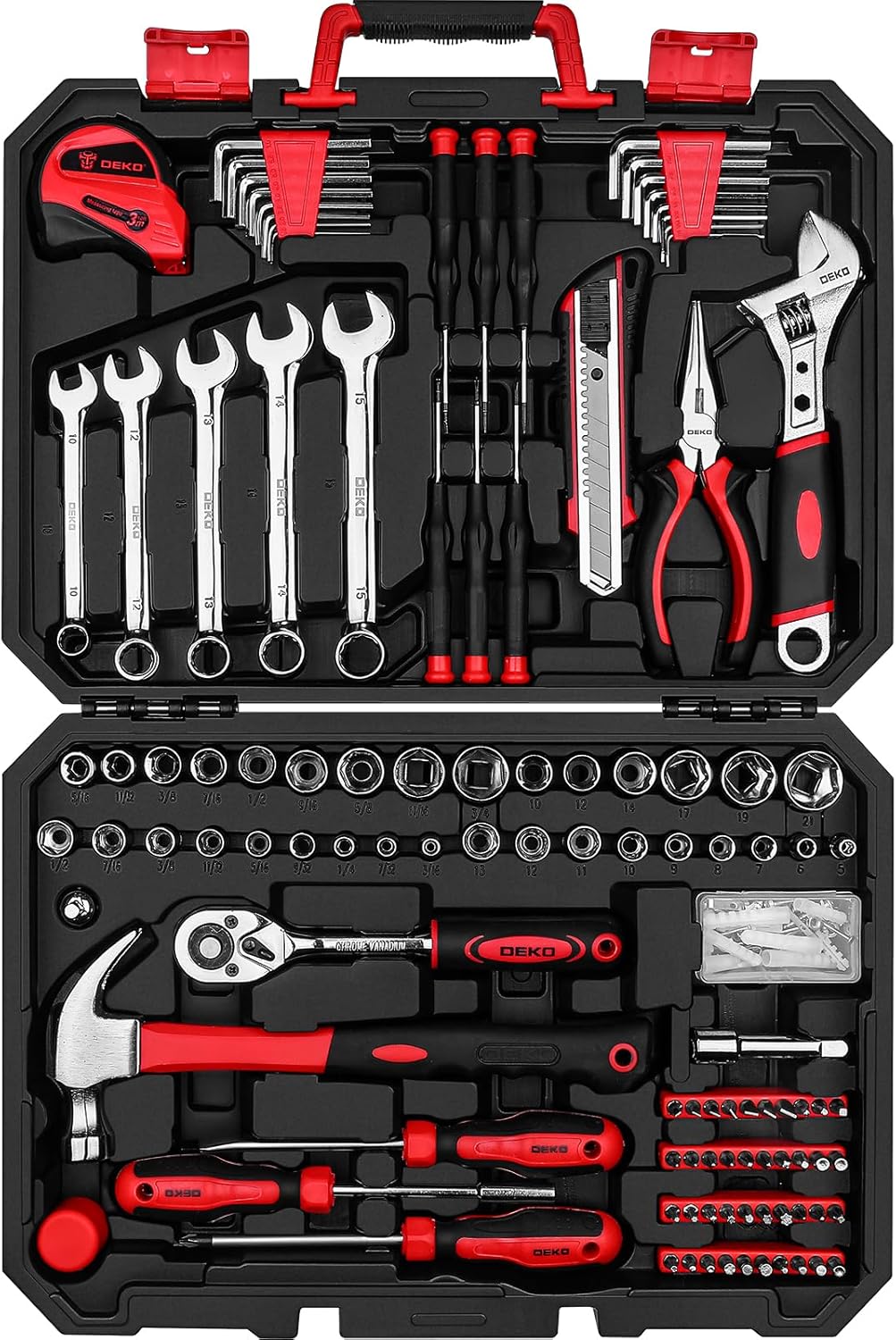 Tool Set:158 Piece Home Tool Kit, Household Basic Repair Tool Set Comes with Plastic Storage Case-Red