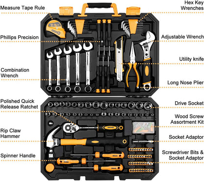 Tool Set:158 Piece Home Tool Kit, Household Basic Repair Tool Set Comes with Plastic Storage Case-Red