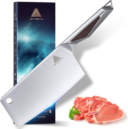 7" Meat Cleaver Knife, Full Tang High-Carbon Stainless Steel Kitchen Cleaver for Chopping Meat, Pork, and Bones, Ergonomic Metal Handle, Professional Chef Butcher Knife