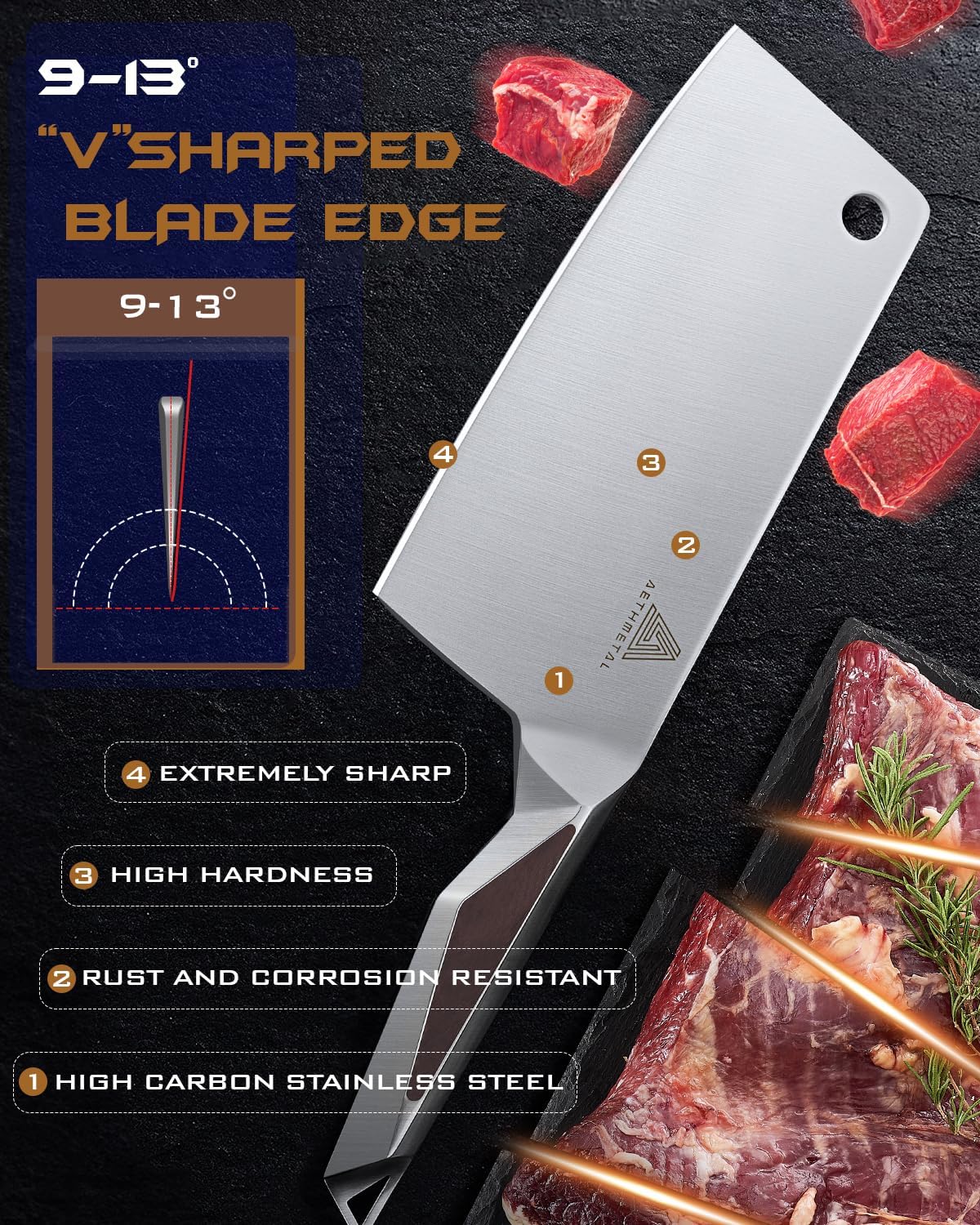 7" Meat Cleaver Knife, Full Tang High-Carbon Stainless Steel Kitchen Cleaver for Chopping Meat, Pork, and Bones, Ergonomic Metal Handle, Professional Chef Butcher Knife