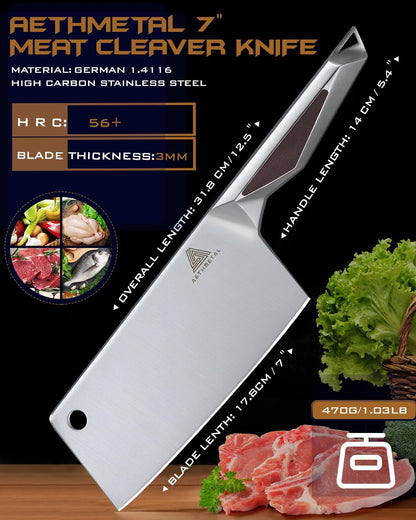 7" Meat Cleaver Knife, Full Tang High-Carbon Stainless Steel Kitchen Cleaver for Chopping Meat, Pork, and Bones, Ergonomic Metal Handle, Professional Chef Butcher Knife