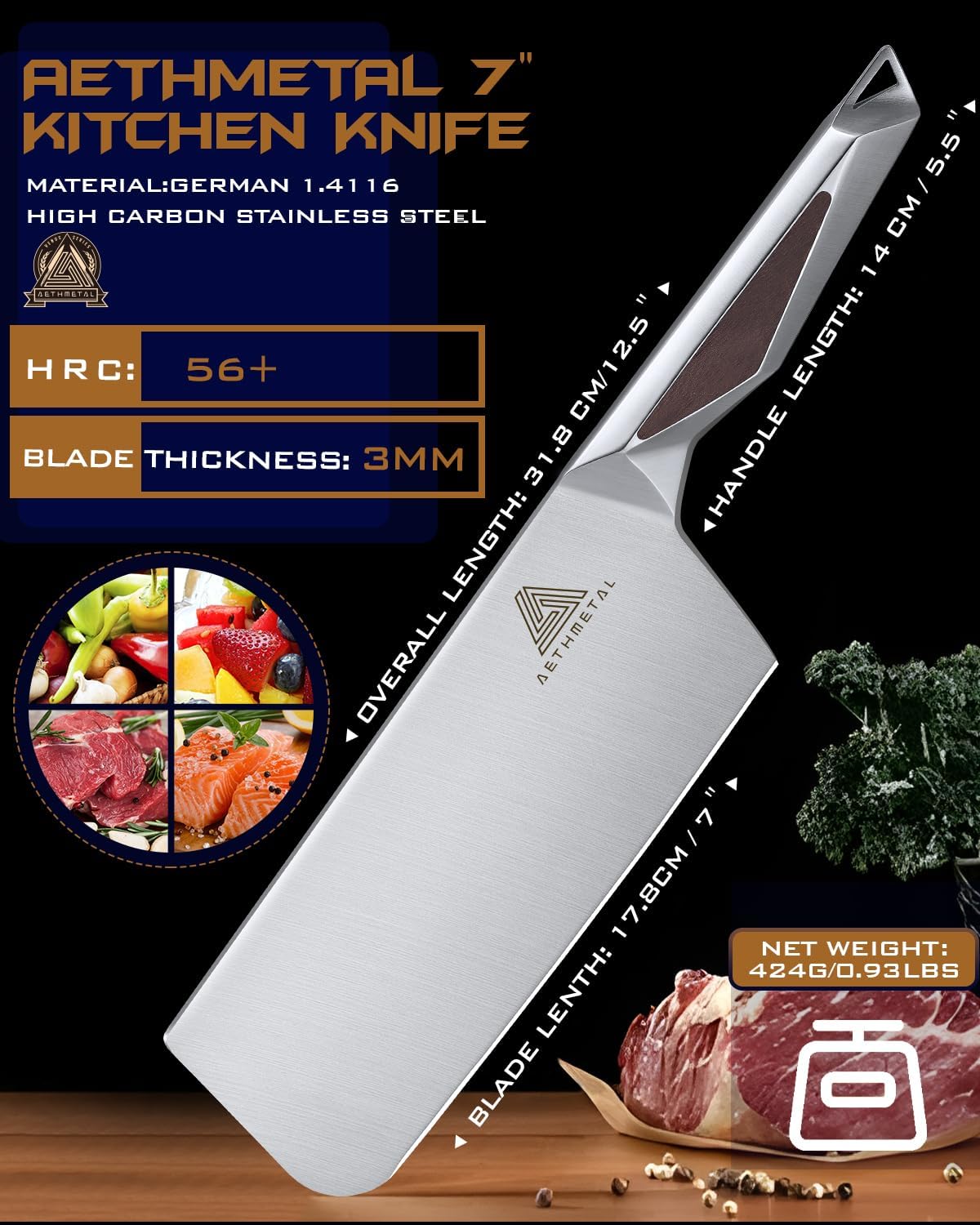 7" Meat Cleaver Knife, Full Tang High-Carbon Stainless Steel Kitchen Cleaver for Chopping Meat, Pork, and Bones, Ergonomic Metal Handle, Professional Chef Butcher Knife