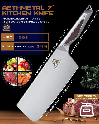7" Meat Cleaver Knife, Full Tang High-Carbon Stainless Steel Kitchen Cleaver for Chopping Meat, Pork, and Bones, Ergonomic Metal Handle, Professional Chef Butcher Knife