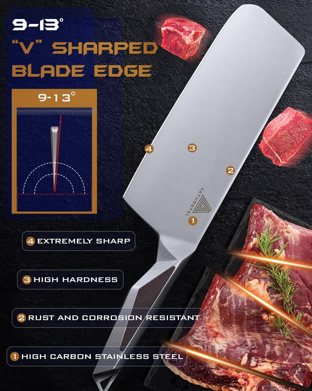 7" Meat Cleaver Knife, Full Tang High-Carbon Stainless Steel Kitchen Cleaver for Chopping Meat, Pork, and Bones, Ergonomic Metal Handle, Professional Chef Butcher Knife