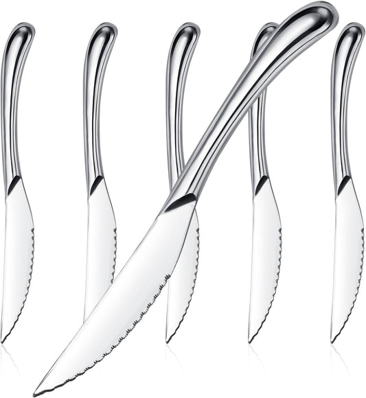 Steak Knives Set of 6, Sharp Serrated Steak Knives with Solid Handle, Premium High Carbon Stainless Steel Steak Knife Set