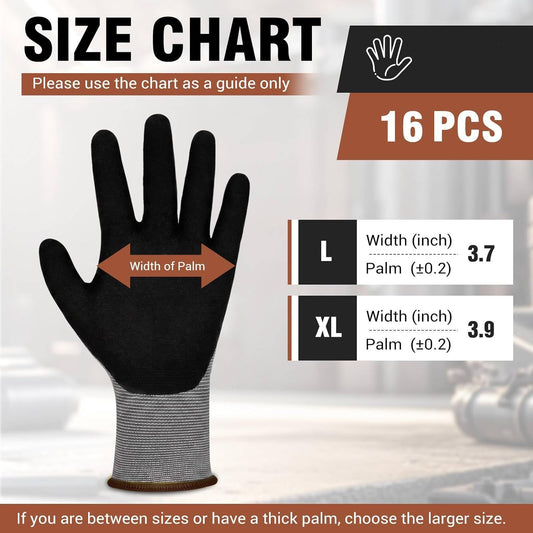 Safety Work Gloves 16 Pairs Cut Resistant Microfoam Nitrile Coated Mechanic Glove, High Grip Seamless Knit Nylon Work Glove Bulk for Warehouse, Construction, Gardening Home Improvement (XL)