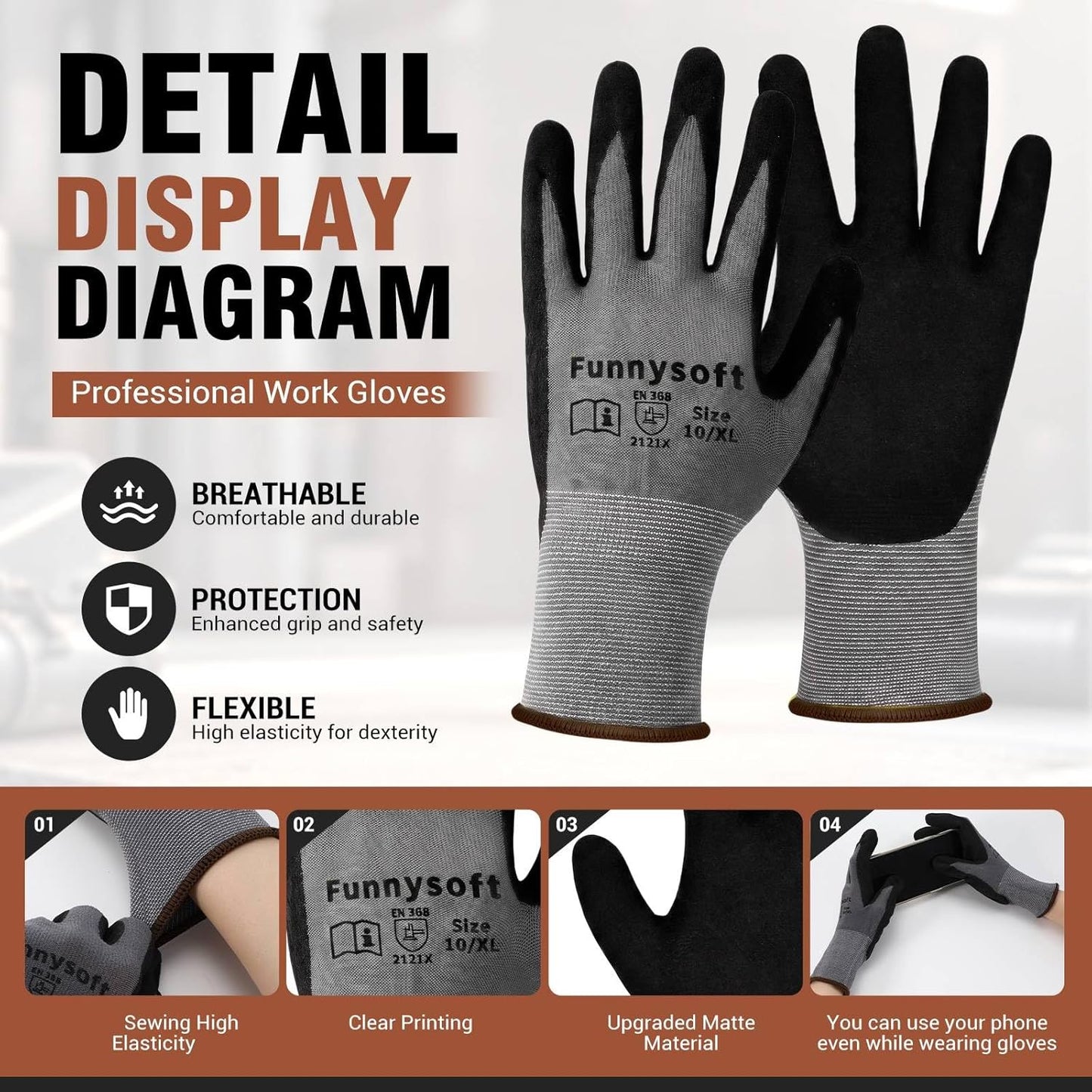 Safety Work Gloves 16 Pairs Cut Resistant Microfoam Nitrile Coated Mechanic Glove, High Grip Seamless Knit Nylon Work Glove Bulk for Warehouse, Construction, Gardening Home Improvement (XL)