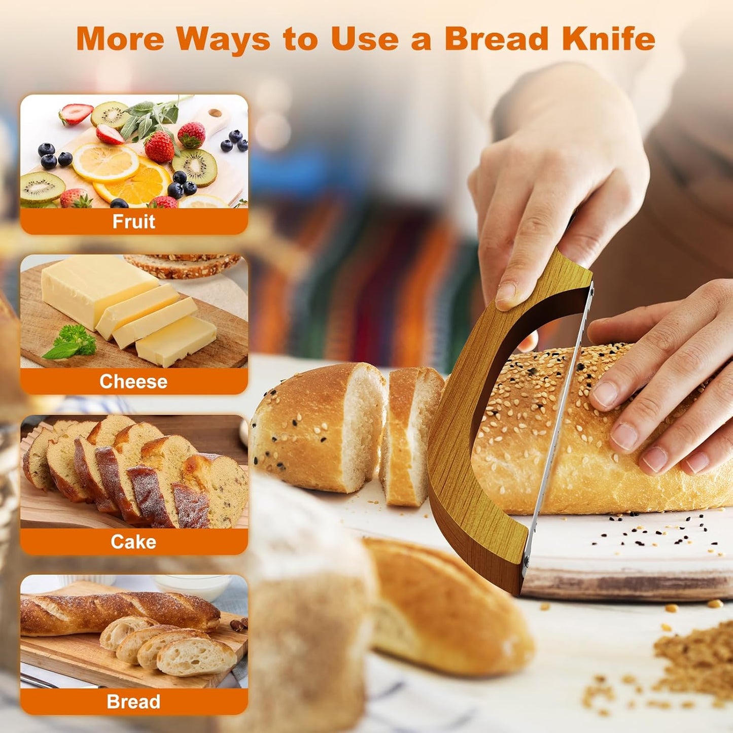 Bread Knife for Homemade Bread – 16" Walnut Bow Bread Cutter with Ultra-Sharp Serrated Stainless Steel Blade, Sourdough Bread Knife for Bagels, Baguettes, and Rustic Loaves - Walnut Color