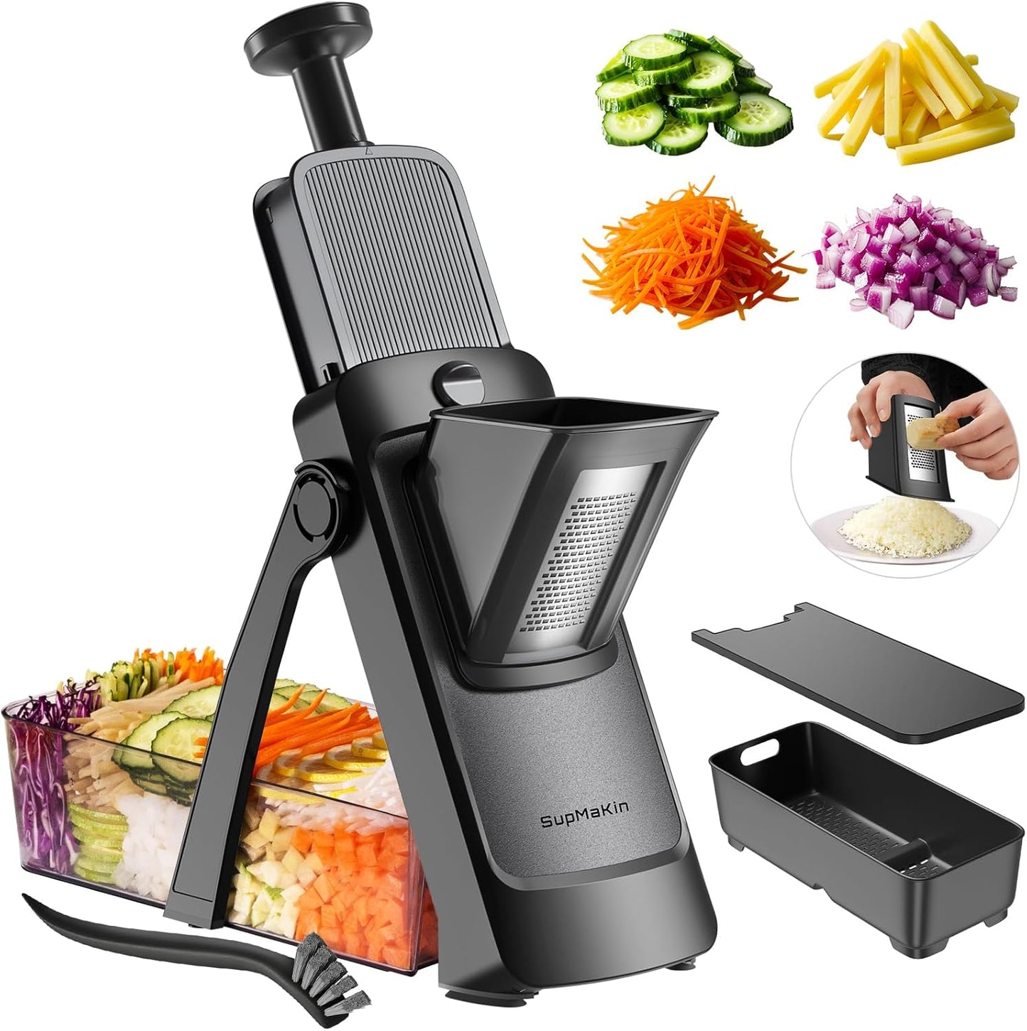 Upgrade Safe Mandoline Slicer for Kitchen, SupMaKin Bigger Entrance Vegetable Food Slice Potato Slicer Chopper, Adjustable Thickness Multi Mandolin, Julienne + Dicer Kitchen Must Haves Green